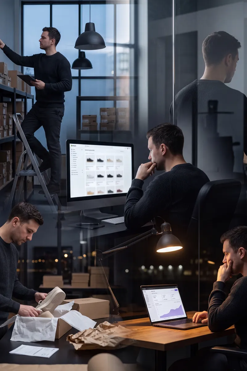 Store operator handling every job in one day: shelving stock, packing orders, and reviewing analytics